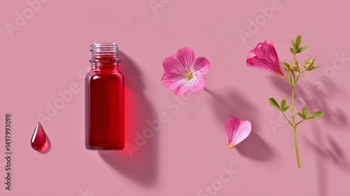 A vibrant red bottle rests on a soft pink background. Accompanying flowers and petals enhance its beauty. This image reflects elegance and wellness in a stylish design. AI