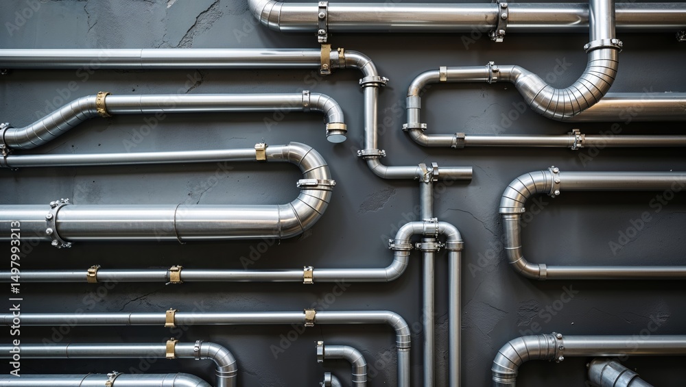 Fototapeta premium Silver metal pipes on a dark gray wall industrial plumbing system architecture