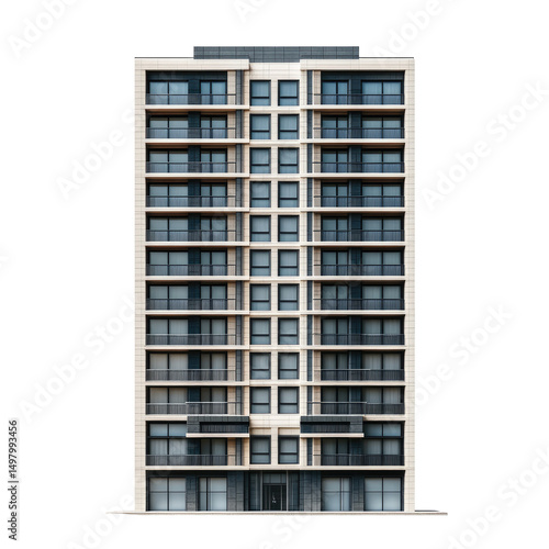 A tall, rectangular apartment building with numerous balconies, uniformly distributed windows, and a simple, symmetrical facade.  The building is light beige and dark gray, appearing modern in design