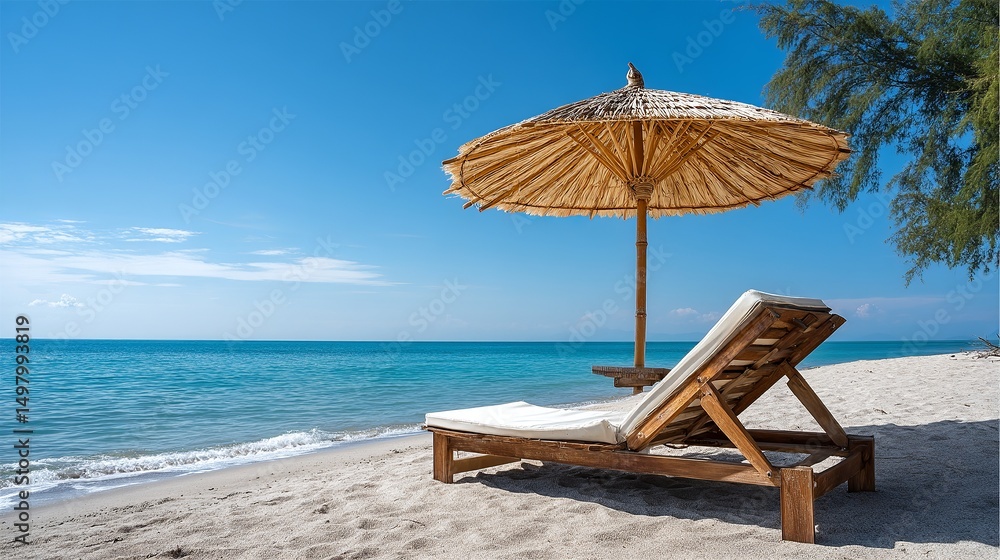 Obraz premium A serene beach scene featuring a wooden lounge chair under a straw umbrella. The sunlit ocean sparkles in the background. Perfect for relaxation and vacation vibes. AI