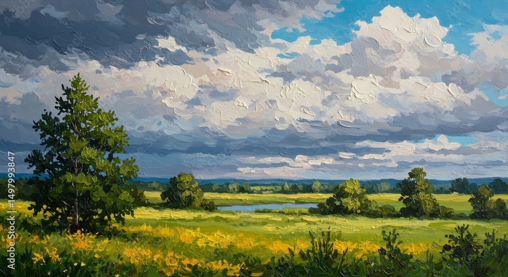 Obraz premium 夏の草原と入道雲の風景画 緑豊かな大地と空