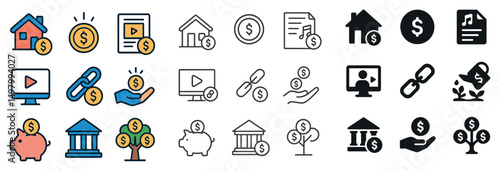 Finance and business icon collection in silhouette, linear, and flat styles
