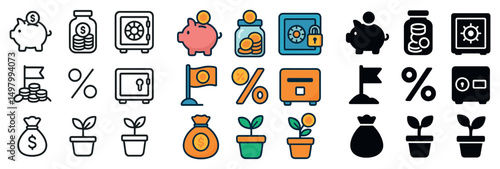 Finance and savings icons collection: silhouette, linear, flat. budget and money set