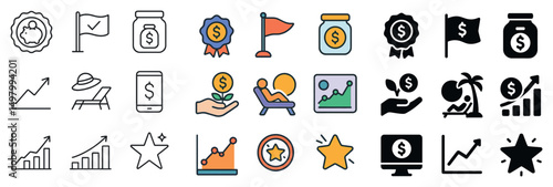 Business and finance icon collection: silhouette, linear, and flat styles for success