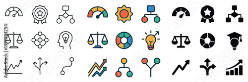 Business strategy icon collection: silhouette, linear, and flat graphics for planning
