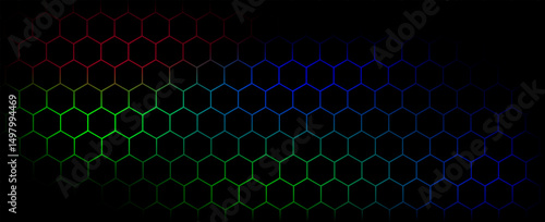 Dark hexagon abstract technology background with blue and green colored bright flashes under hexagon. Hexagonal gaming vector tech illustration black abstract background. vector