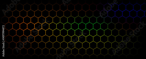 Dark hexagon abstract technology background with blue and green colored bright flashes under hexagon. Hexagonal gaming vector tech illustration black abstract background. vector