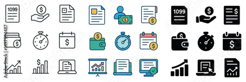 Finance and accounting icon collection: silhouette, linear, and flat design set
