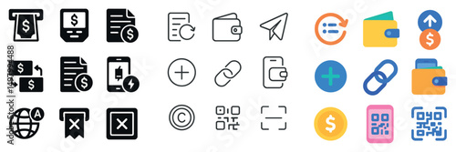 Finance and business icon collection: silhouette, linear, flat styles for apps and web