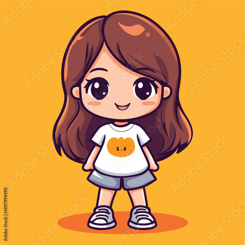Cartoon girl with brown hair big eyes and a pumpkin face on her shirt