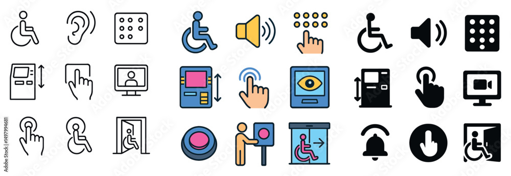 Fototapeta premium Accessibility silhouette, linear and flat icon collection. assistive and inclusion symbols