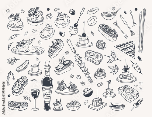 Snacks on stick and dishes hand drawings, line art of different party food and drinks, restaurant menu decorations and other cuisine graphic design elements for kitchen and cafes. Vector illustration.