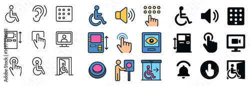 Accessibility silhouette, linear and flat icon collection. assistive and inclusion symbols