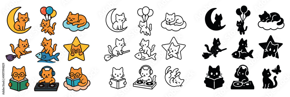 Fototapeta premium Cats and kittens icon collection: silhouette, linear, flat styles. feline and pet symbols