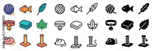 Pet care icon collection in silhouette, linear, and flat styles. animal and cat essentials set