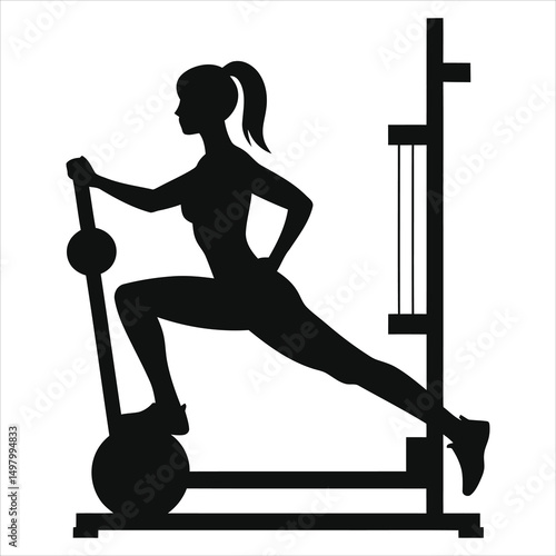 Woman exercising on a leg-press machine vector silhouette/Silhouette of a woman performing a leg press exercise on a gym machine.