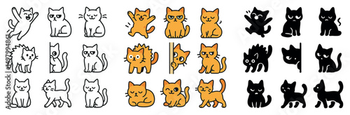 Cute cat icon collection: silhouette, linear, flat styles. feline and pet graphics set
