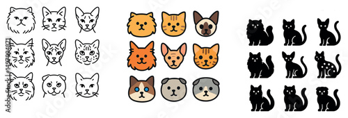 Cat and dog icon collection: silhouette, linear and flat designs for pet lovers
