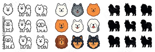 Dog breeds icon collection: silhouette, linear, and flat styles for pet lovers