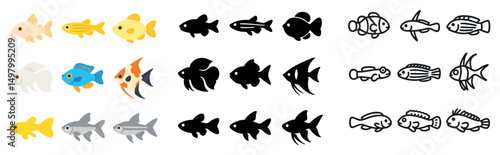 Aquatic life icon collection: silhouette, linear, and flat fish designs for marine themes