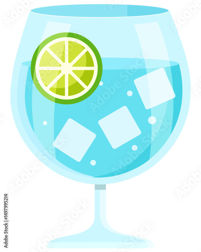 Flat vector style Gin and Tonic with lime and ice in a glass, Alcohol design element