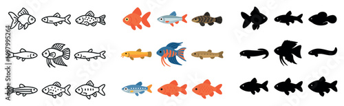Aquatic life icon collection in silhouette, linear and flat styles. marine and ocean animals