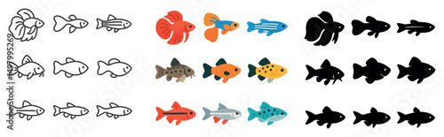 Aquatic and marine life icon collection: silhouette, linear, flat fish symbols set