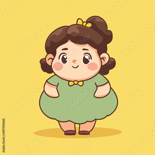 Cartoon girl with brown hair yellow bow green dress and red shoes