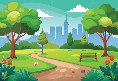 green lawn summer tree in the park vector illustration landscape background.