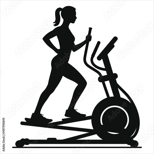 Woman Exercising on a Treadmill Vector Silhouette/A simple, impactful silhouette of a woman using a cross-trainer.