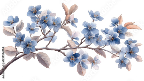 Watercolor Illustration of Blue Flowers and Leaves on a PNG transparent background for Decoration and Design Projects