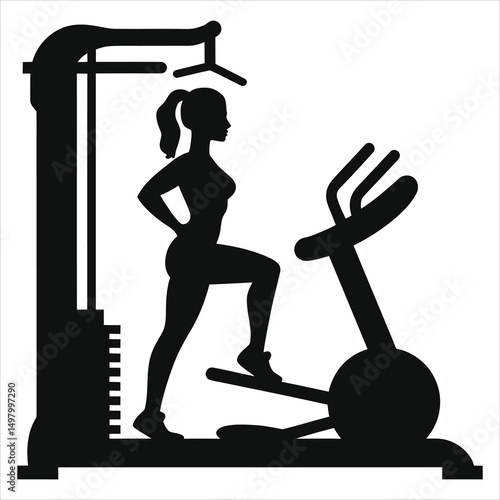 Woman using a stair stepper in a gym, Vector silhouette design/A silhouette of a woman using a stair stepper machine in a gym.