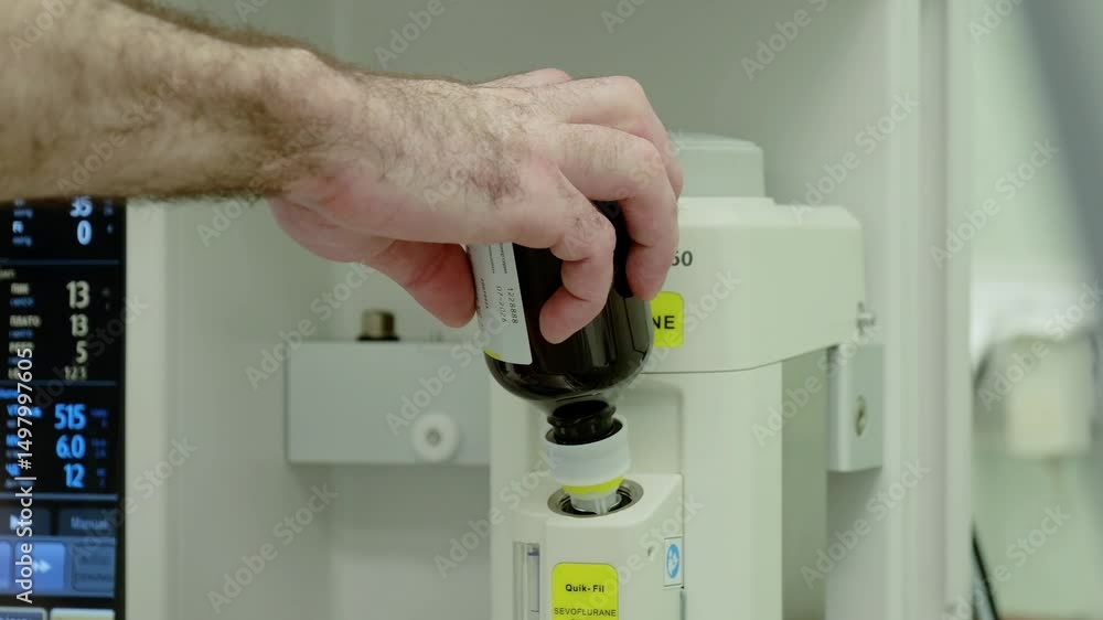 Skilled anesthesiologist connecting anesthetic gas bottle to hospital ...