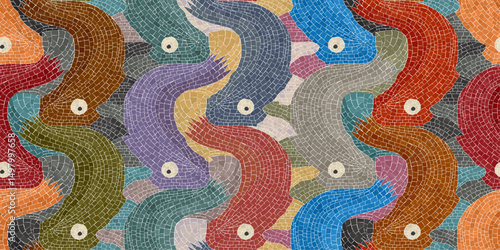 Fishes mosaic art composition in colors, seamless vector tile pattern