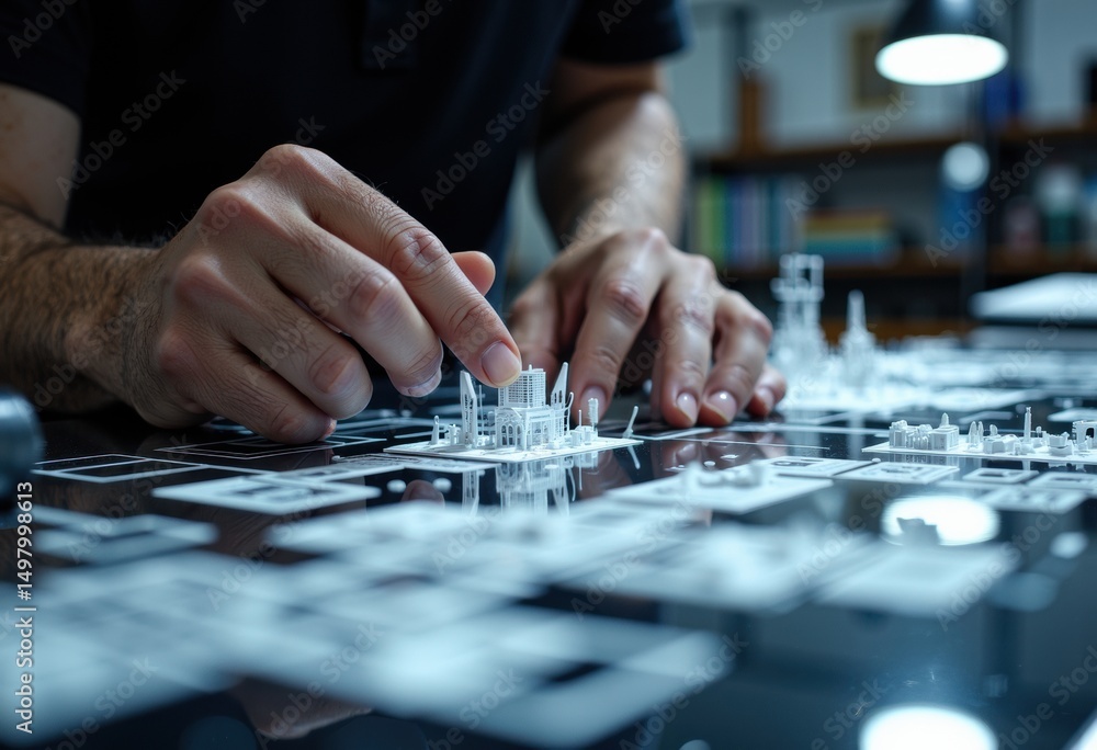 Fototapeta premium A designer carefully assembling a miniature architectural model on a table