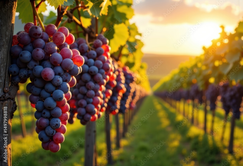 Naklejka premium Ripe purple grapes hanging from vines in a vineyard during sunset