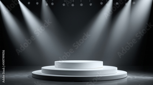 Empty white stage with bright spotlights creating a dramatic and modern atmosphere