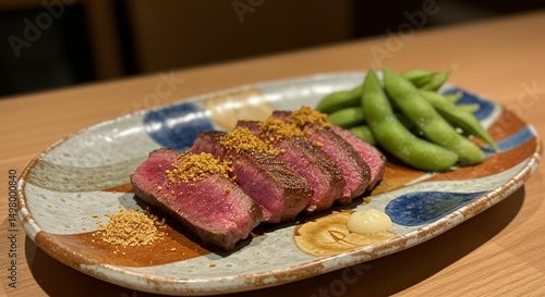Sliced Steak and Edamame Dish on Plate