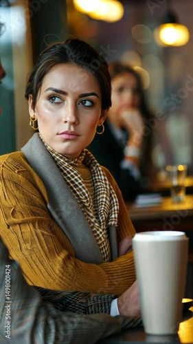 Confident woman with serious gaze looking directly at interlocutor — Selective focus