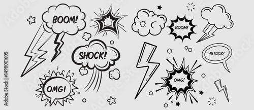 Comic boom cartoon effect line element set. Comic speech bubble pow, boom text, explosive splash smoke, wow cartoon vector icon. Hand drawn sketch doodle explosive element. Vector illustration. EPS