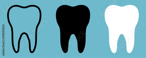 Set of three tooth icons in outline, black filled, and white filled styles. Minimal dental vector illustration for medical, orthodontic, or clinic design. Isolated on blue background. Icons, vector.