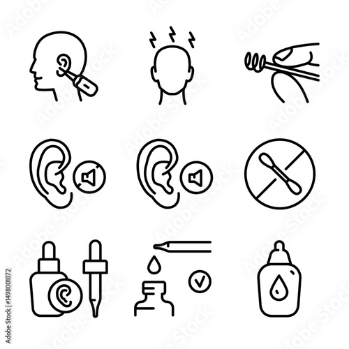Personal hygiene routine and care. Essential icons representing various ear treatments and care, including cleaning, medication, and medical interventions. Vector illustration.