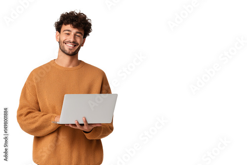 Happy Young Man Working on Laptop Smiling Casual Wear Studio Shot