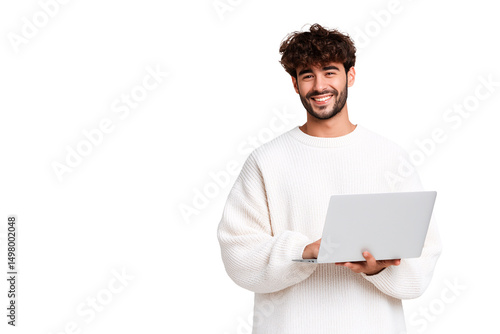 Smiling Young Man with Curly Hair Using Laptop Computer Casual White Sweater