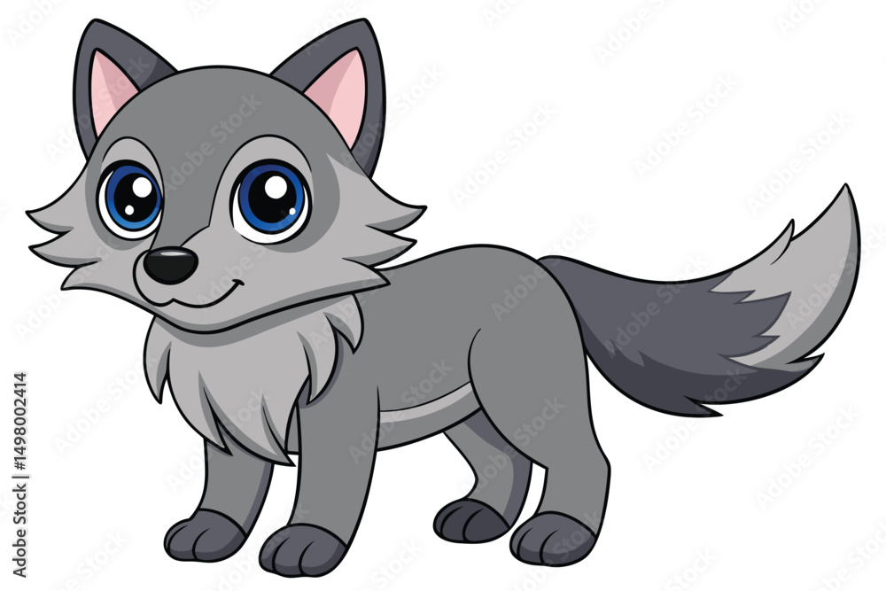 Obraz premium Cartoon Gray Wolf Pup with Big Blue Eyes and Fluffy Tail Standing