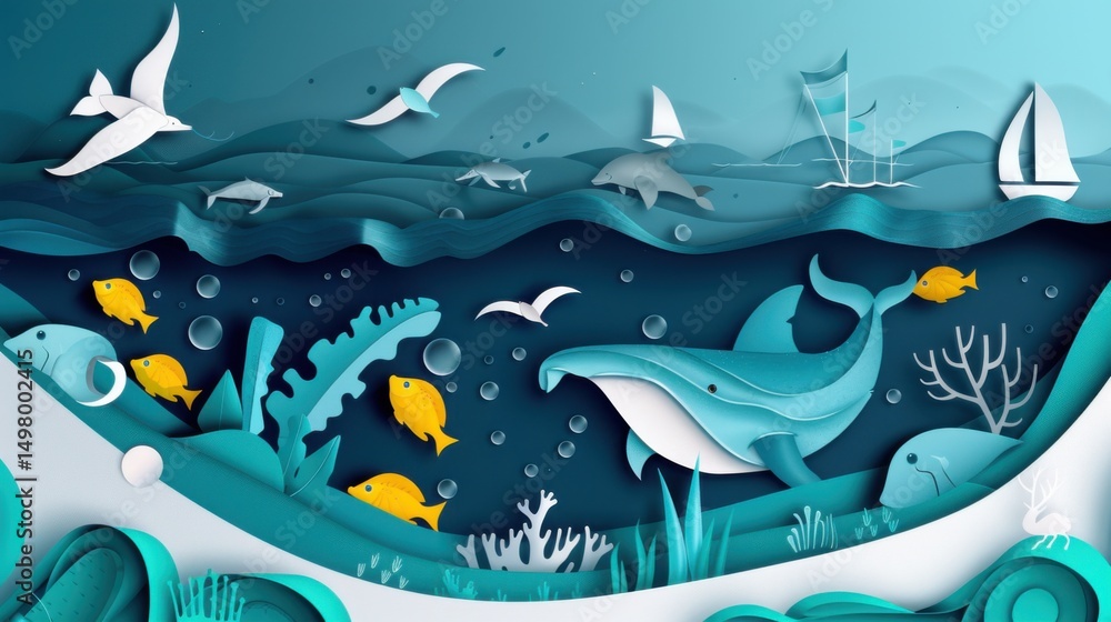 Naklejka premium Paper Art Depiction of Ocean Life with Whales, Fish, and Boats