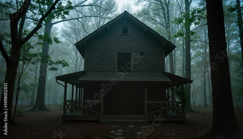 Eerie wooden house surrounded by misty forest during twilight  