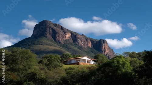 Wallpaper Mural A stunning mountain landscape featuring a beautiful house nestled in nature. The majestic peaks rise against a bright blue sky. A perfect blend of serenity and outdoor living. AI Torontodigital.ca