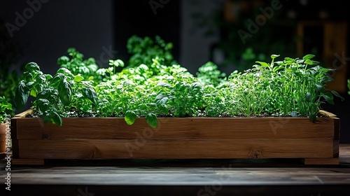Fresh Herb Garden Growing in Rustic Wooden Planter Box Indoors