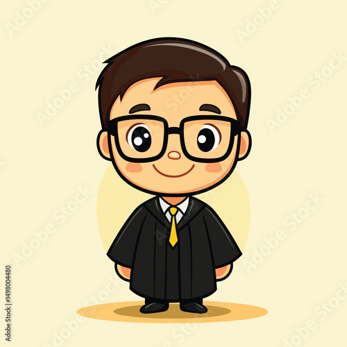 Cartoon Judge Character with Black Robe Yellow Tie and Square Glasses